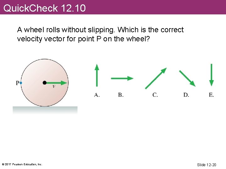 Quick. Check 12. 10 A wheel rolls without slipping. Which is the correct velocity