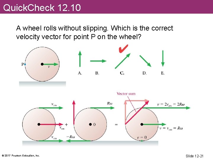 Quick. Check 12. 10 A wheel rolls without slipping. Which is the correct velocity