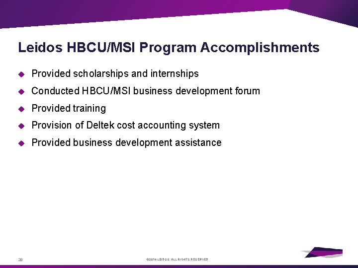 Leidos HBCU/MSI Program Accomplishments Provided scholarships and internships Conducted HBCU/MSI business development forum Provided