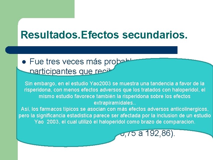 Resultados. Efectos secundarios. Fue tres veces más probable que los participantes que recibieron clozapina