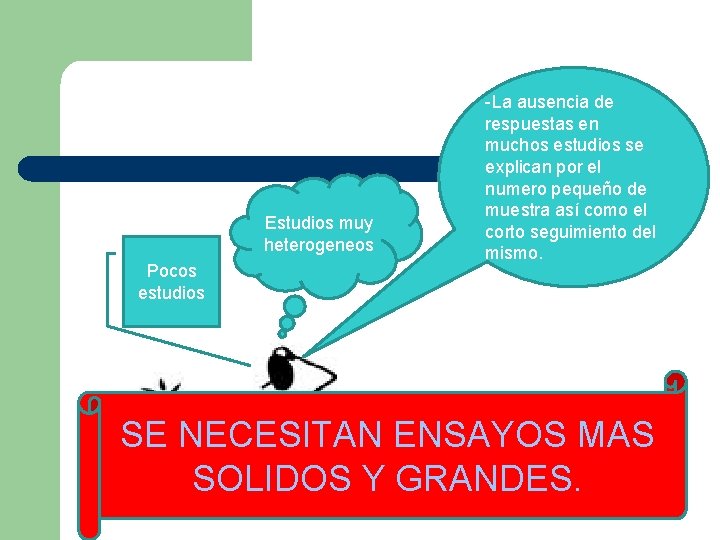 Estudios muy heterogeneos Pocos estudios -La ausencia de respuestas en muchos estudios se explican