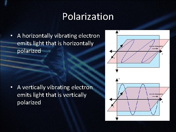 Polarization • A horizontally vibrating electron emits light that is horizontally polarized • A Polarization • A horizontally vibrating electron emits light that is horizontally polarized • A