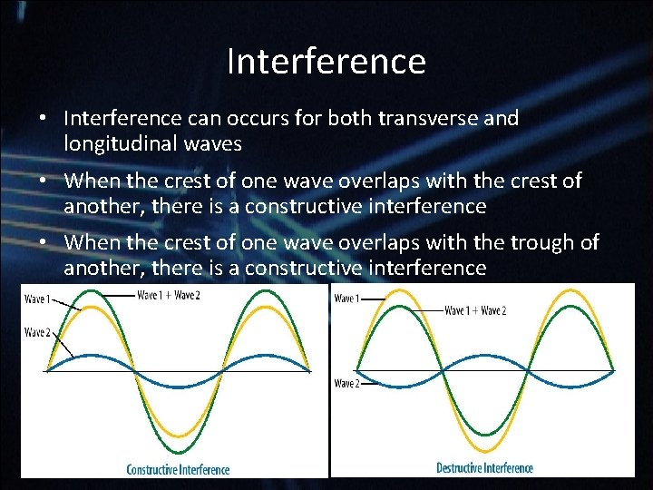 Interference • Interference can occurs for both transverse and longitudinal waves • When the Interference • Interference can occurs for both transverse and longitudinal waves • When the