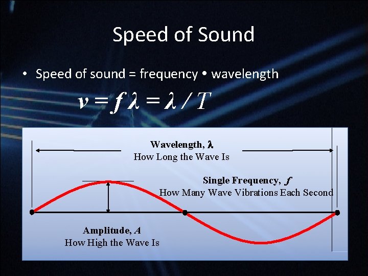 Speed of Sound • Speed of sound = frequency wavelength v=fλ=λ/T Wavelength, How Long Speed of Sound • Speed of sound = frequency wavelength v=fλ=λ/T Wavelength, How Long