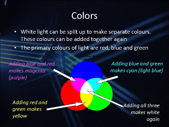 Colors • White light can be split up to make separate colours. These colours Colors • White light can be split up to make separate colours. These colours