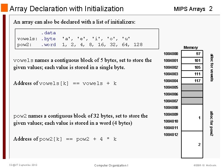 Array Declaration with Initialization MIPS Arrays 2 An array can also be declared with
