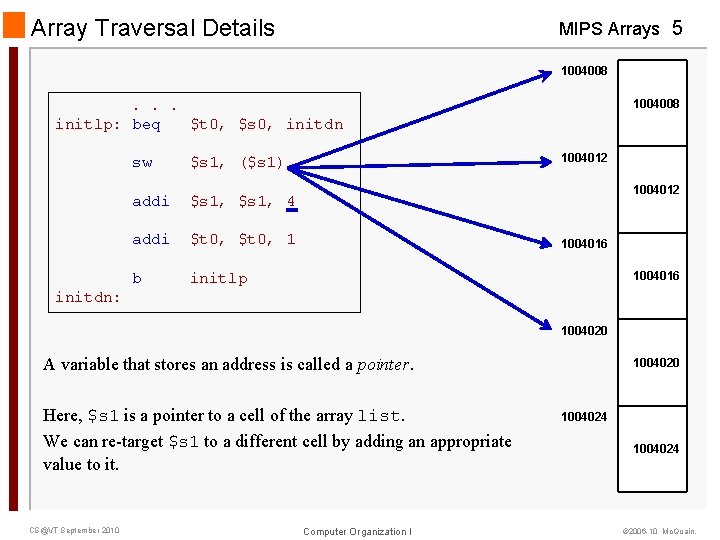 Array Traversal Details MIPS Arrays 5 1004008 . . . initlp: beq $t 0,