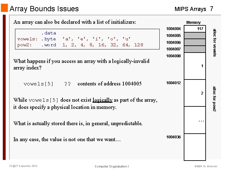 Array Bounds Issues MIPS Arrays 7 An array can also be declared with a