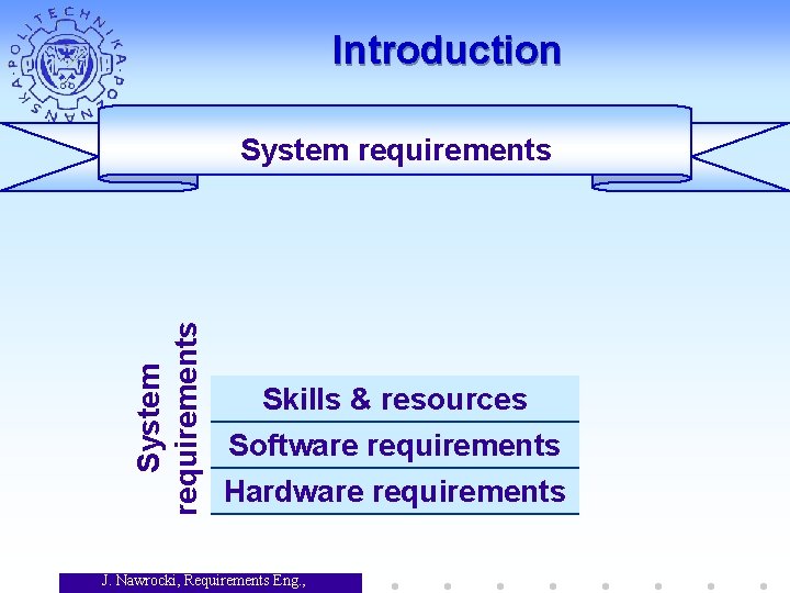 Introduction System requirements Skills & resources Software requirements Hardware requirements J. Nawrocki, Requirements Eng.