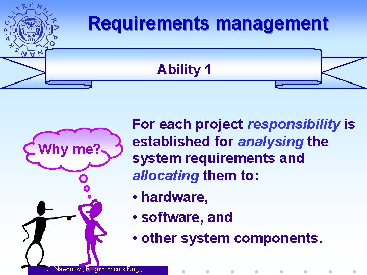Requirements management Ability 1 Why me? For each project responsibility is established for analysing
