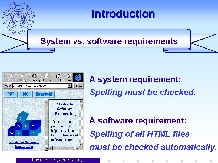 Introduction System vs. software requirements A system requirement: Spelling must be checked. A software