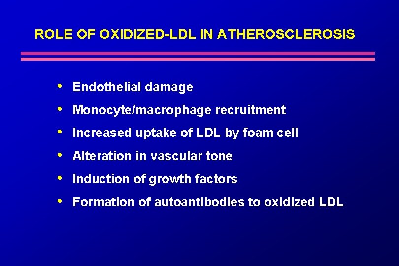 ROLE OF OXIDIZED-LDL IN ATHEROSCLEROSIS • • • Endothelial damage Monocyte/macrophage recruitment Increased uptake