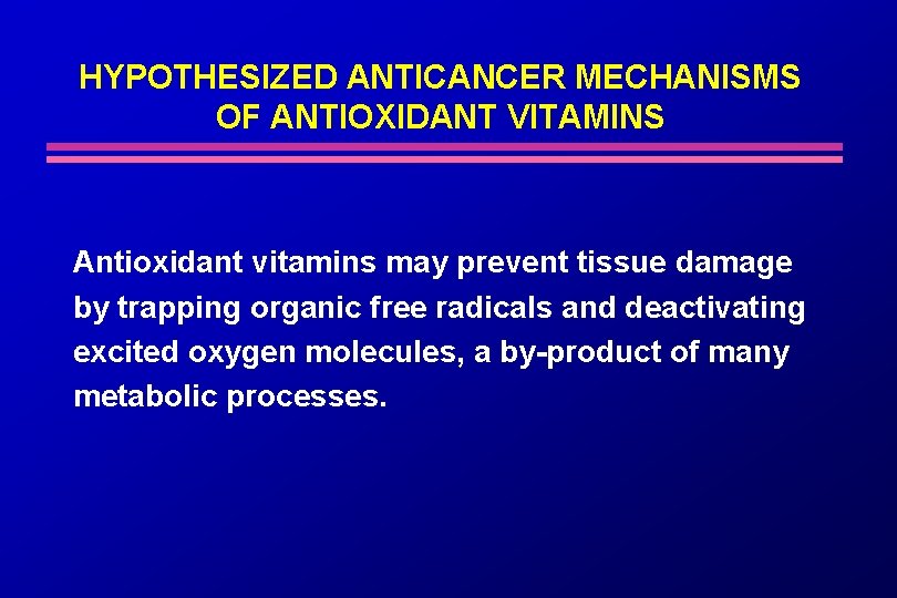 HYPOTHESIZED ANTICANCER MECHANISMS OF ANTIOXIDANT VITAMINS Antioxidant vitamins may prevent tissue damage by trapping