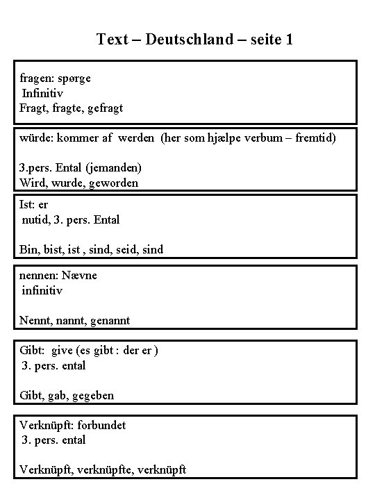 Text – Deutschland – seite 1 fragen: spørge Infinitiv Fragt, fragte, gefragt würde: kommer