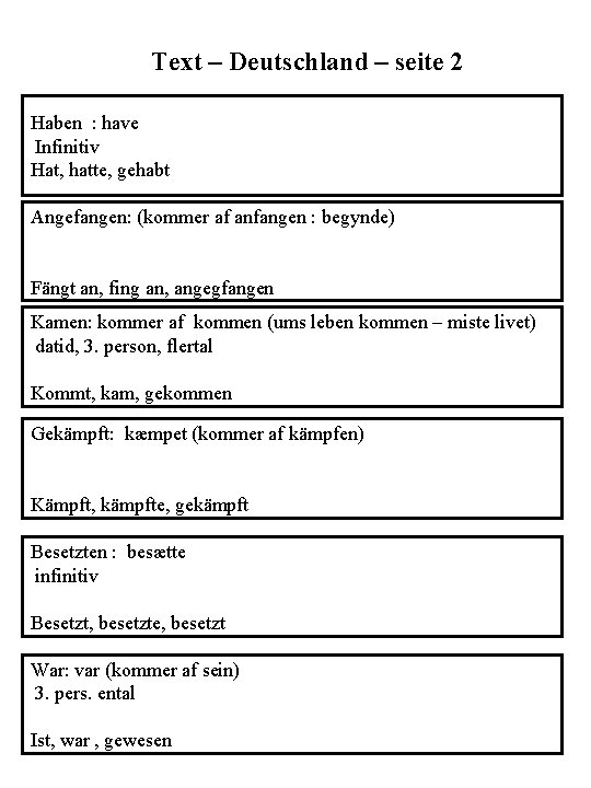 Text – Deutschland – seite 2 Haben : have Infinitiv Hat, hatte, gehabt Angefangen:
