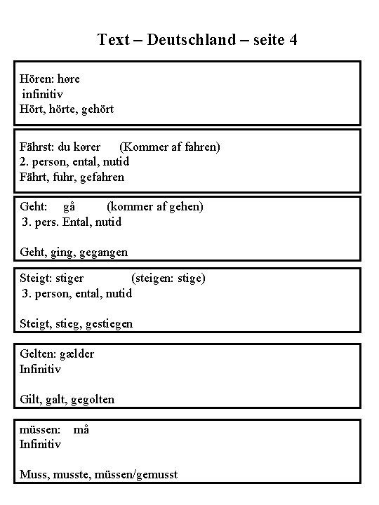 Text – Deutschland – seite 4 Hören: høre infinitiv Hört, hörte, gehört Fährst: du