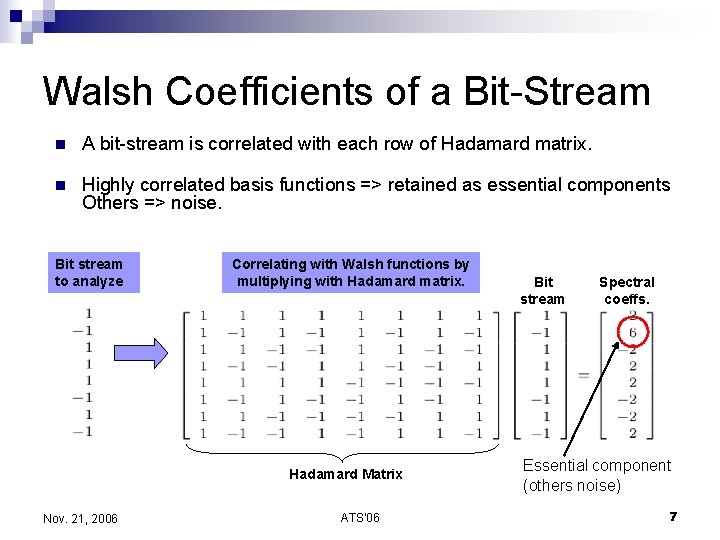 Walsh Coefficients of a Bit-Stream n A bit-stream is correlated with each row of