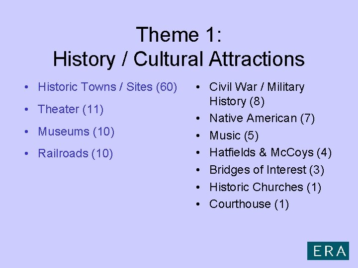 Theme 1: History / Cultural Attractions • Historic Towns / Sites (60) • Theater