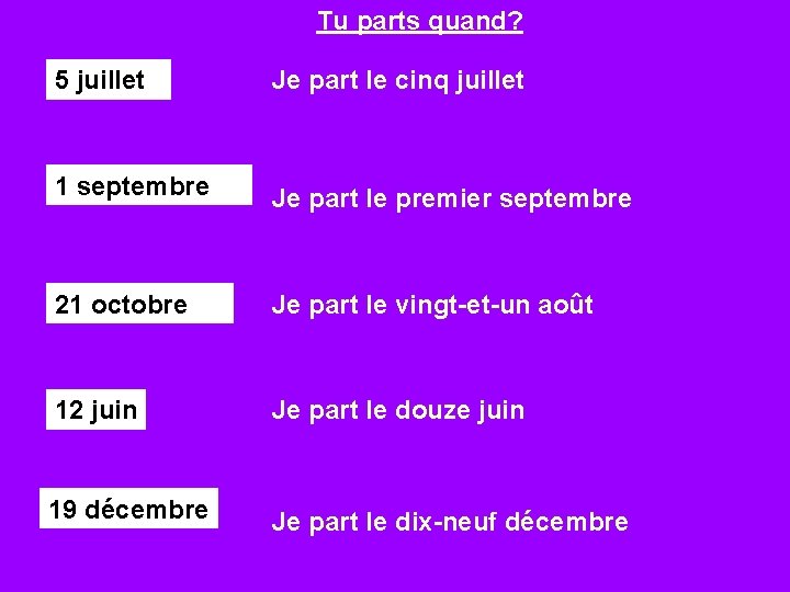 Tu parts quand? 5 juillet Je part le cinq juillet 1 septembre Je part