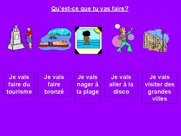 Qu’est-ce que tu vas faire? Je vais faire du tourisme Je vais faire bronzé