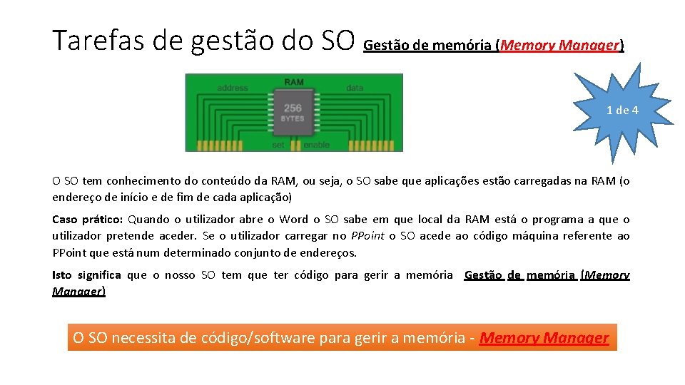 Tarefas de gestão do SO Gestão de memória (Memory Manager) 1 de 4 O