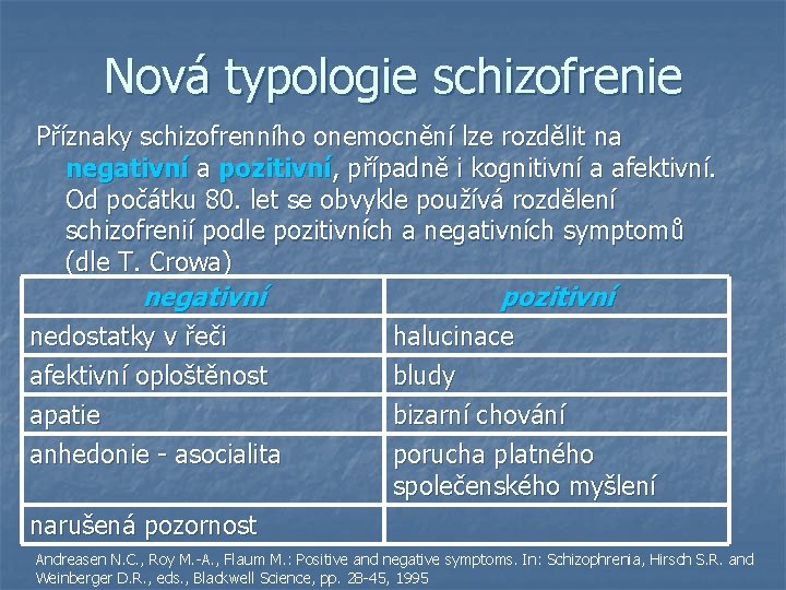 Nová typologie schizofrenie Příznaky schizofrenního onemocnění lze rozdělit na negativní a pozitivní, případně i