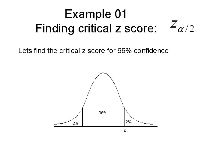 Example 01 Finding critical z score: Lets find the critical z score for 96%
