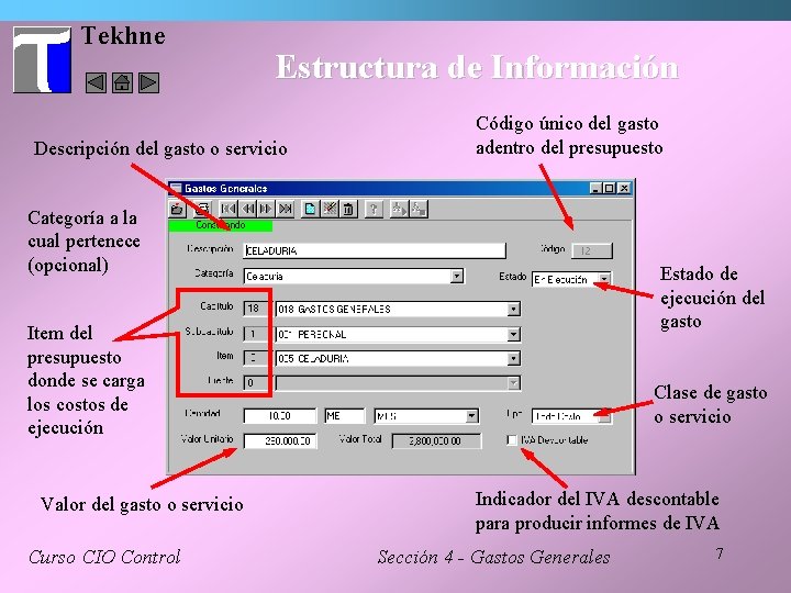 Tekhne Estructura de Información Descripción del gasto o servicio Código único del gasto adentro