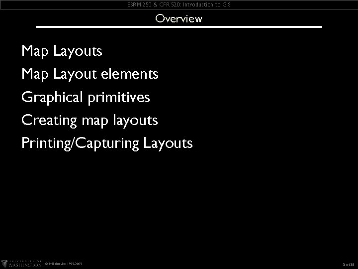 ESRM 250 & CFR 520: Introduction to GIS Overview Map Layouts Map Layout elements