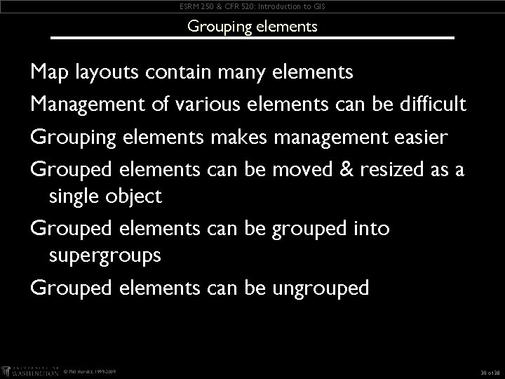 ESRM 250 & CFR 520: Introduction to GIS Grouping elements Map layouts contain many