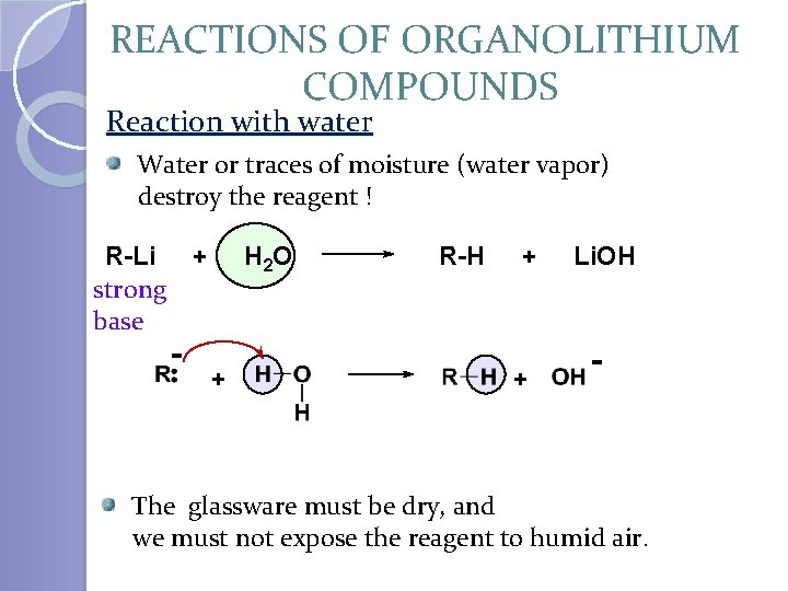 REACTIONS OF ORGANOLITHIUM COMPOUNDS Reaction with water Water or traces of moisture (water vapor)