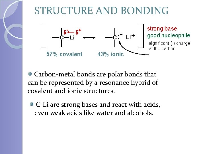 STRUCTURE AND BONDING d- d+ 57% covalent : 43% ionic + strong base good