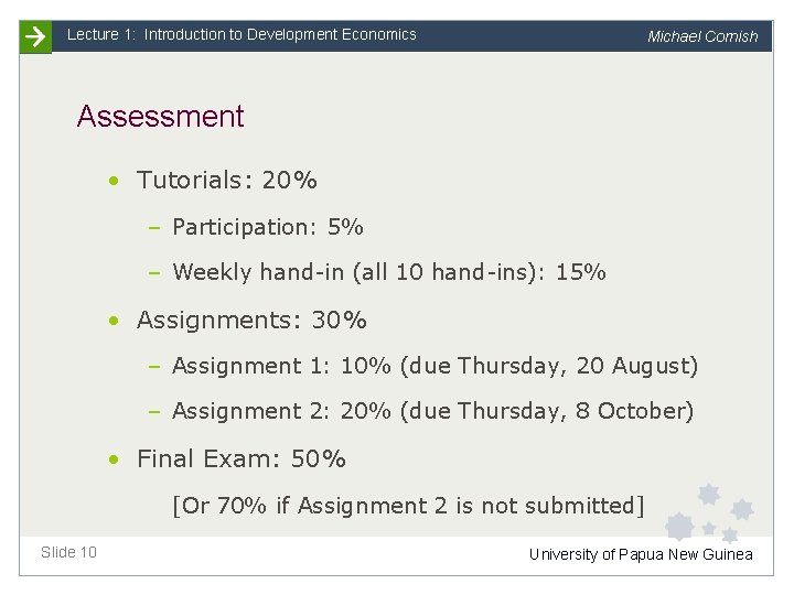 Lecture 1: Introduction to Development Economics Michael Cornish Assessment • Tutorials: 20% – Participation: