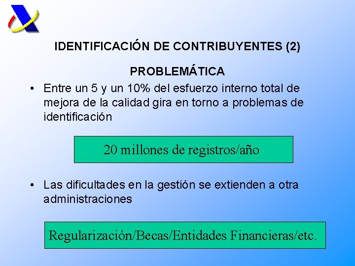 IDENTIFICACIÓN DE CONTRIBUYENTES (2) PROBLEMÁTICA • Entre un 5 y un 10% del esfuerzo