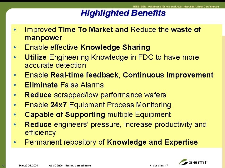 IEEE/SEMI Advanced Semiconductor Manufacturing Conference Highlighted Benefits • • • 17 Improved Time To