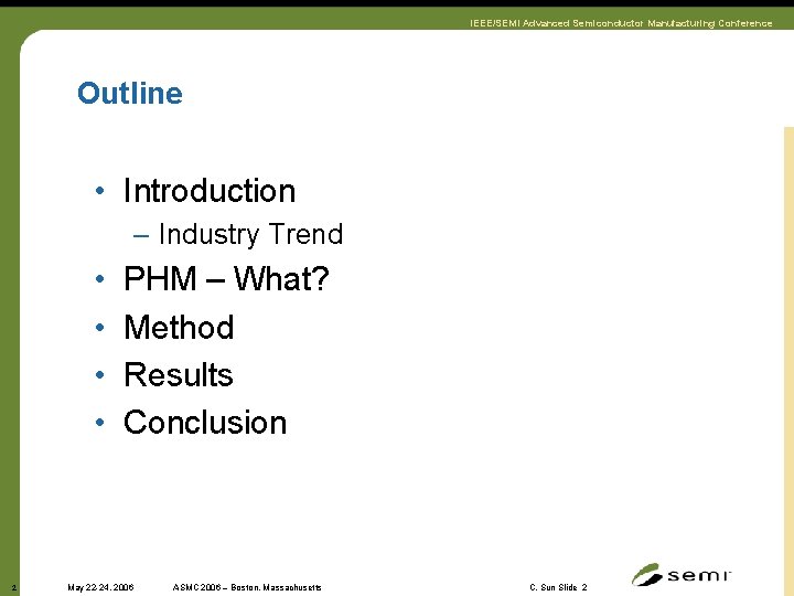 IEEE/SEMI Advanced Semiconductor Manufacturing Conference Outline • Introduction – Industry Trend • • 2