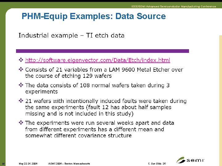 IEEE/SEMI Advanced Semiconductor Manufacturing Conference PHM-Equip Examples: Data Source 25 May 22 -24, 2006