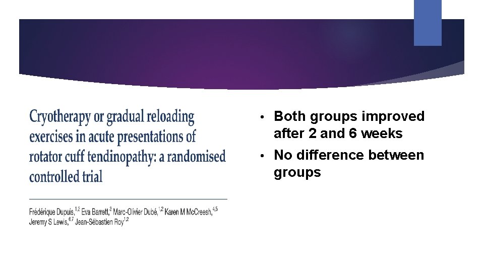  • Both groups improved after 2 and 6 weeks • No difference between