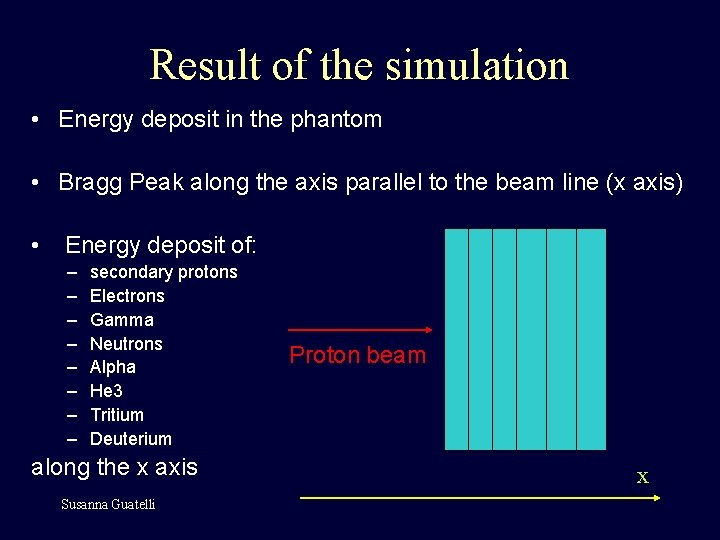 Result of the simulation • Energy deposit in the phantom • Bragg Peak along