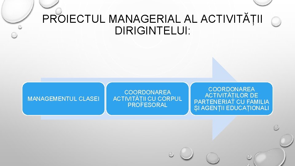 PROIECTUL MANAGERIAL AL ACTIVITĂȚII DIRIGINTELUI: MANAGEMENTUL CLASEI COORDONAREA ACTIVITĂȚII CU CORPUL PROFESORAL COORDONAREA ACTIVITĂȚILOR