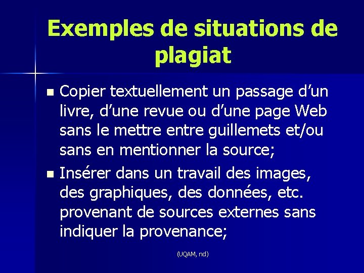 Exemples de situations de plagiat Copier textuellement un passage d’un livre, d’une revue ou