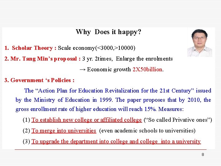 Why Does it happy? 1. Scholar Theory : Scale economy(<3000, >10000) 2. Mr. Tang