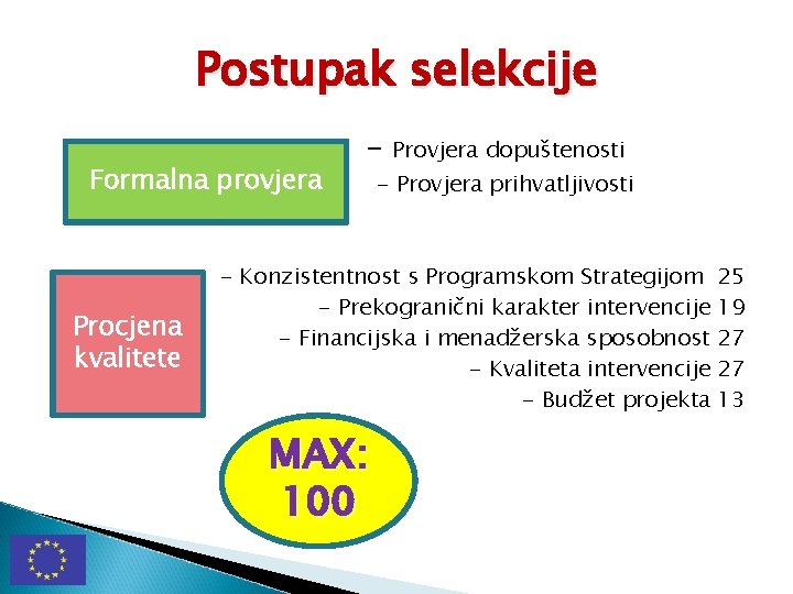 Postupak selekcije Formalna provjera Procjena kvalitete - Provjera dopuštenosti - Provjera prihvatljivosti - Konzistentnost