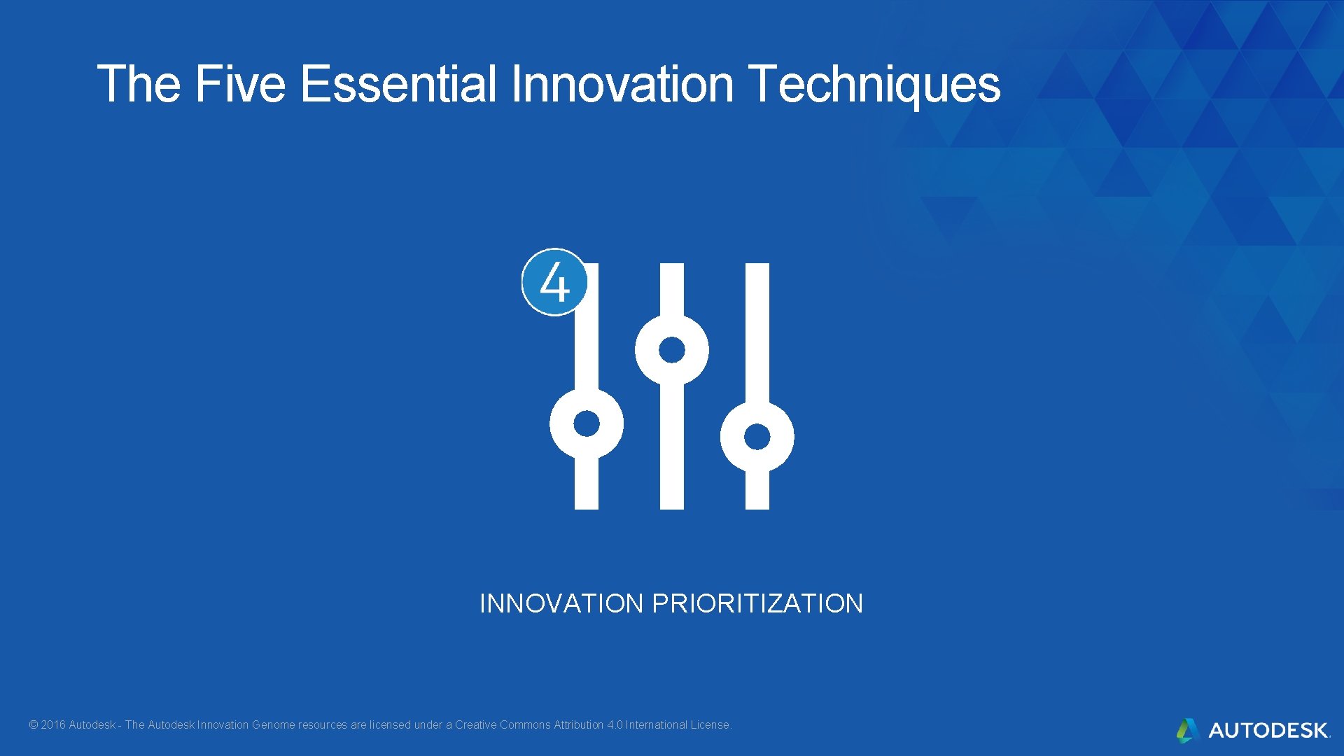The Five Essential Innovation Techniques INNOVATION PRIORITIZATION © 2016 Autodesk - The Autodesk Innovation The Five Essential Innovation Techniques INNOVATION PRIORITIZATION © 2016 Autodesk - The Autodesk Innovation
