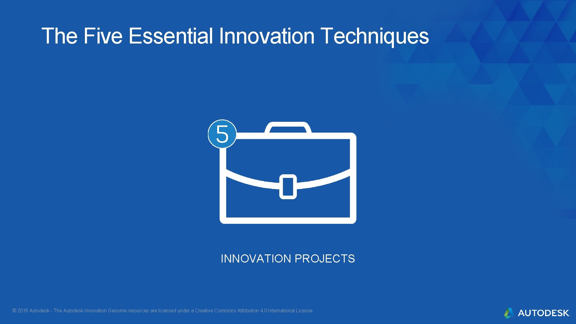 The Five Essential Innovation Techniques INNOVATION PROJECTS © 2016 Autodesk - The Autodesk Innovation The Five Essential Innovation Techniques INNOVATION PROJECTS © 2016 Autodesk - The Autodesk Innovation