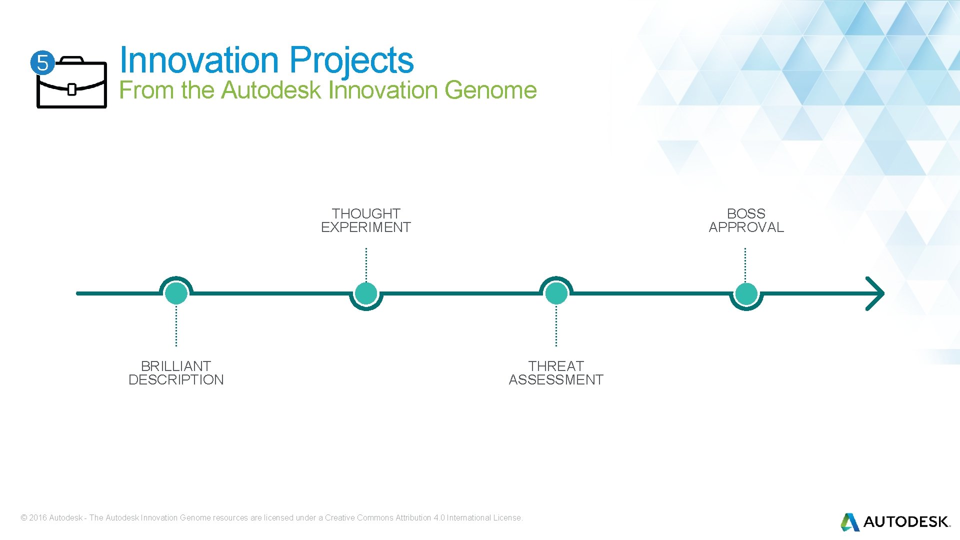 Innovation Projects From the Autodesk Innovation Genome THOUGHT EXPERIMENT BRILLIANT DESCRIPTION BOSS APPROVAL THREAT