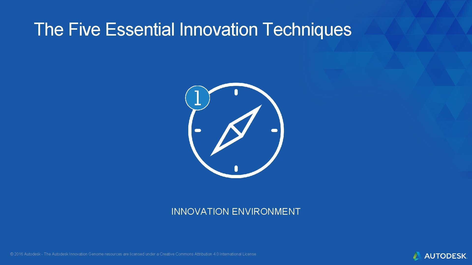 The Five Essential Innovation Techniques INNOVATION ENVIRONMENT © 2016 Autodesk - The Autodesk Innovation The Five Essential Innovation Techniques INNOVATION ENVIRONMENT © 2016 Autodesk - The Autodesk Innovation