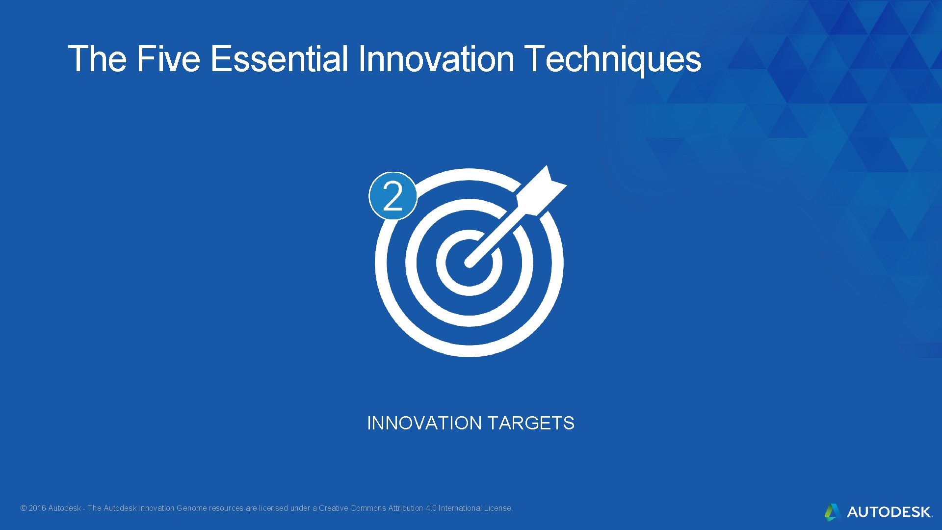 The Five Essential Innovation Techniques INNOVATION TARGETS © 2016 Autodesk - The Autodesk Innovation The Five Essential Innovation Techniques INNOVATION TARGETS © 2016 Autodesk - The Autodesk Innovation