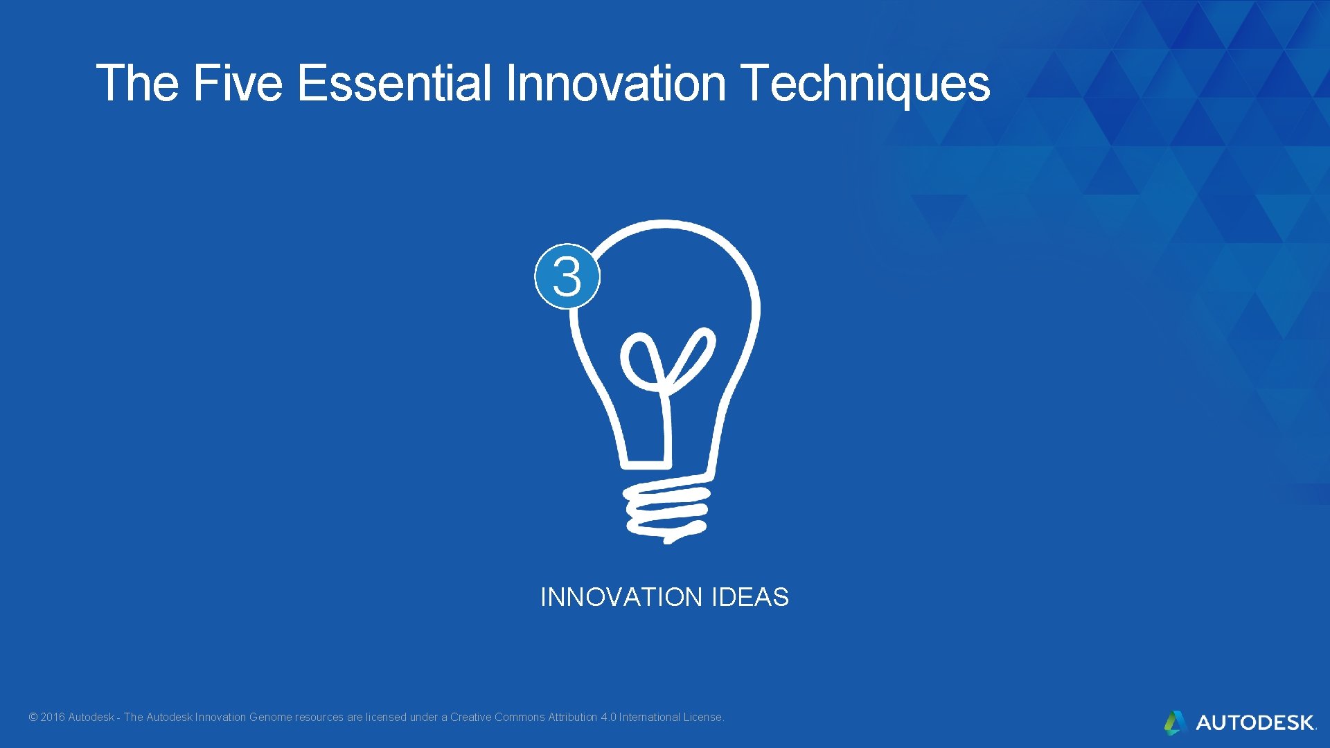The Five Essential Innovation Techniques INNOVATION IDEAS © 2016 Autodesk - The Autodesk Innovation The Five Essential Innovation Techniques INNOVATION IDEAS © 2016 Autodesk - The Autodesk Innovation