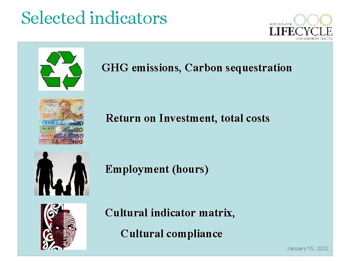 Selected indicators GHG emissions, Carbon sequestration Return on Investment, total costs Employment (hours) Cultural